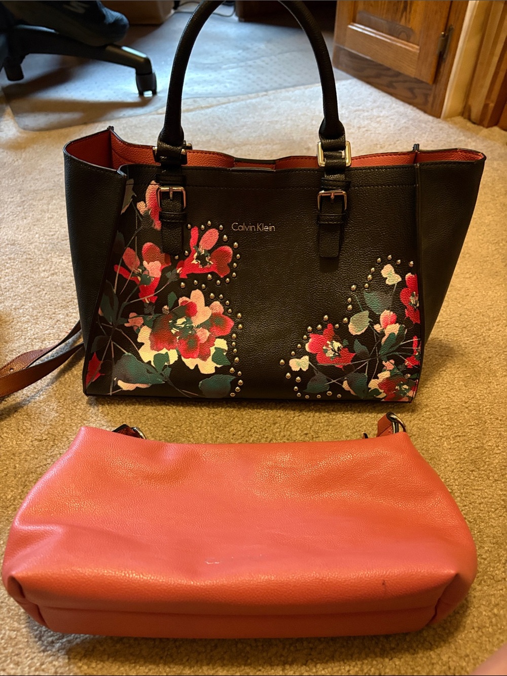 Calvin Klein Black Floral Tote with Coral Pouch Insert